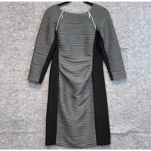 JOSEPH RIBKOFF Dress Women's Size 10 Gray Black Colorblock Textured Midi Zipper - Picture 1 of 14